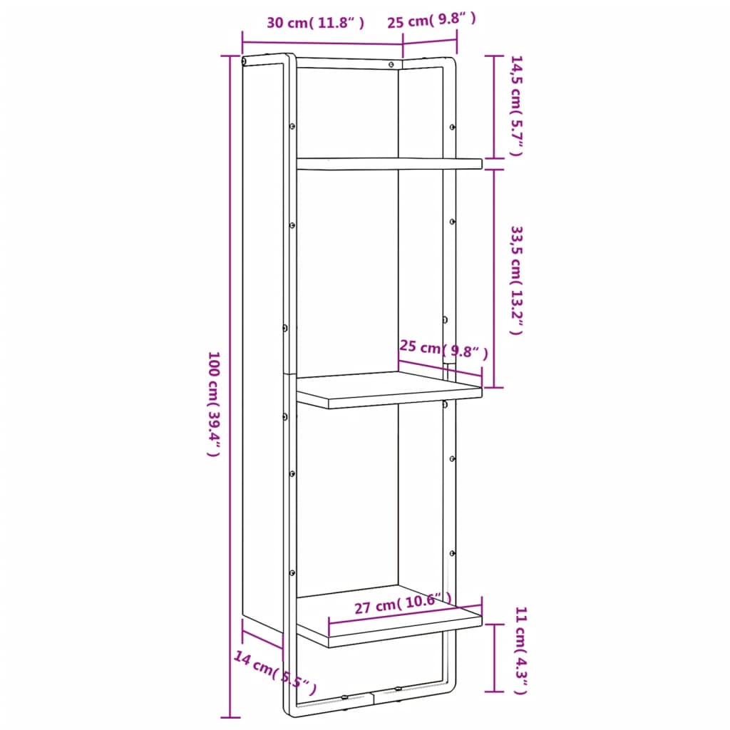vidaXL 3-Tier Wall Shelf Grey Sonoma 30x25x100 cm Engineered Wood