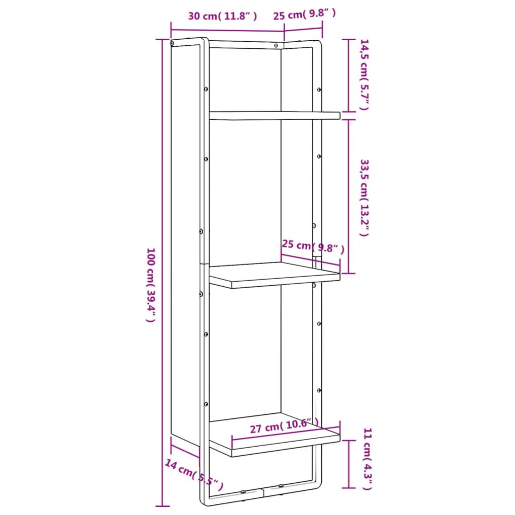 vidaXL 3-Tier Wall Shelf Brown Oak 30x25x100 cm Engineered Wood