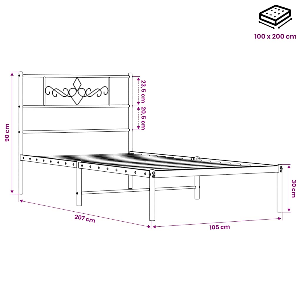 vidaXL Bed Frame | Black | Powder-Coated Steel | Single | Bed Frame