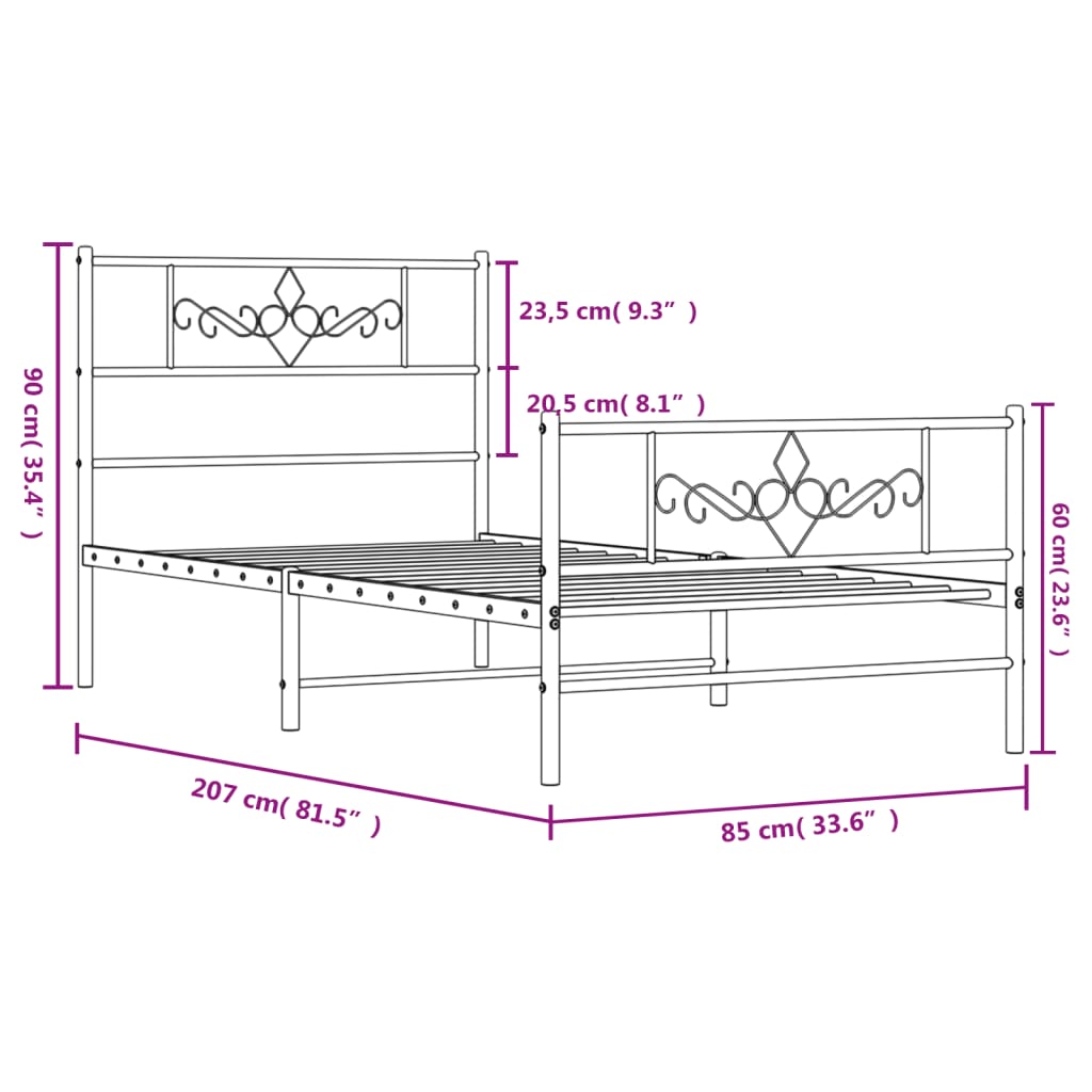 vidaXL Metal Bed Frame without Mattress with Footboard Black 80x200cm