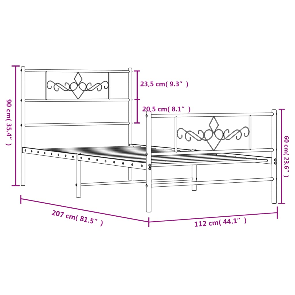 vidaXL Metal Bed Frame without Mattress with Footboard Black 107x203cm
