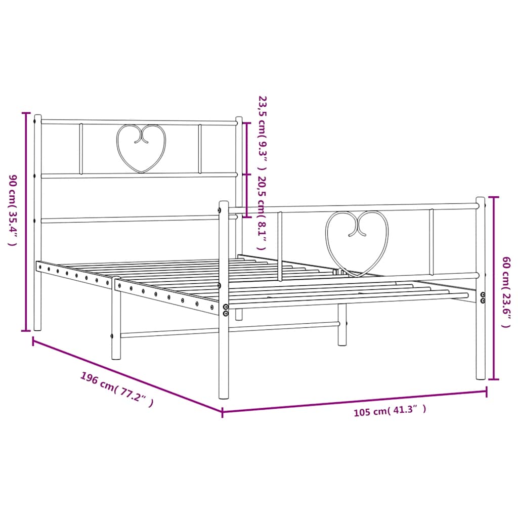 vidaXL Metal Bed Frame without Mattress with Footboard Black 100x190cm