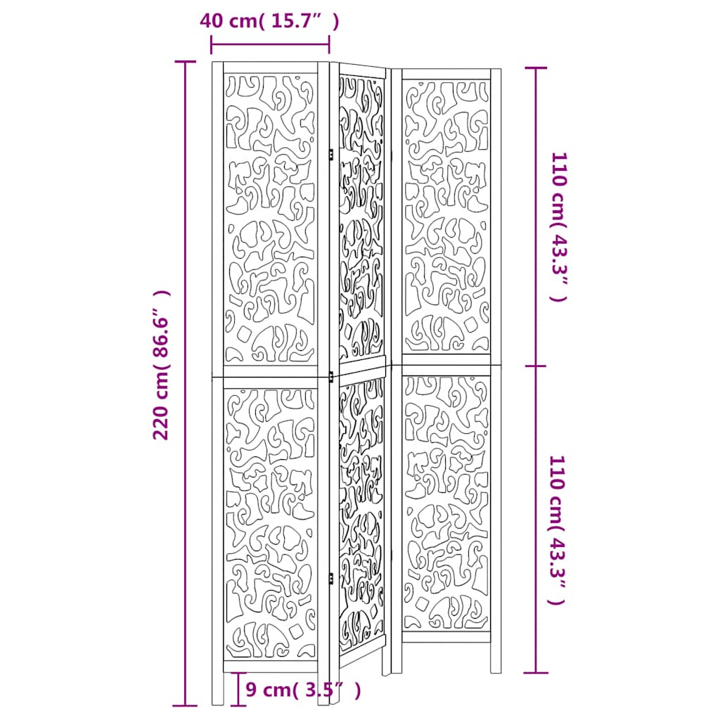 vidaXL Room Divider 3 Panels White Solid Wood Paulownia