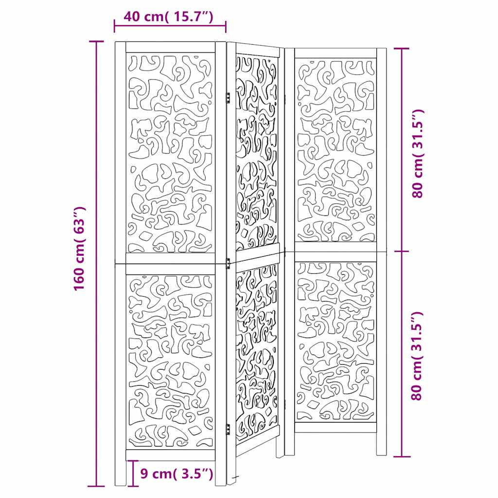 vidaXL Room Divider 3 Panels Black Solid Wood Paulownia