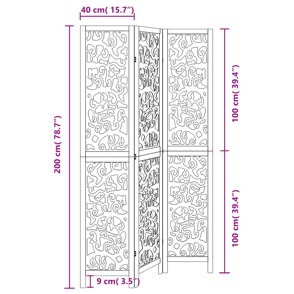 vidaXL Room Divider 3 Panels Black Solid Wood Paulownia