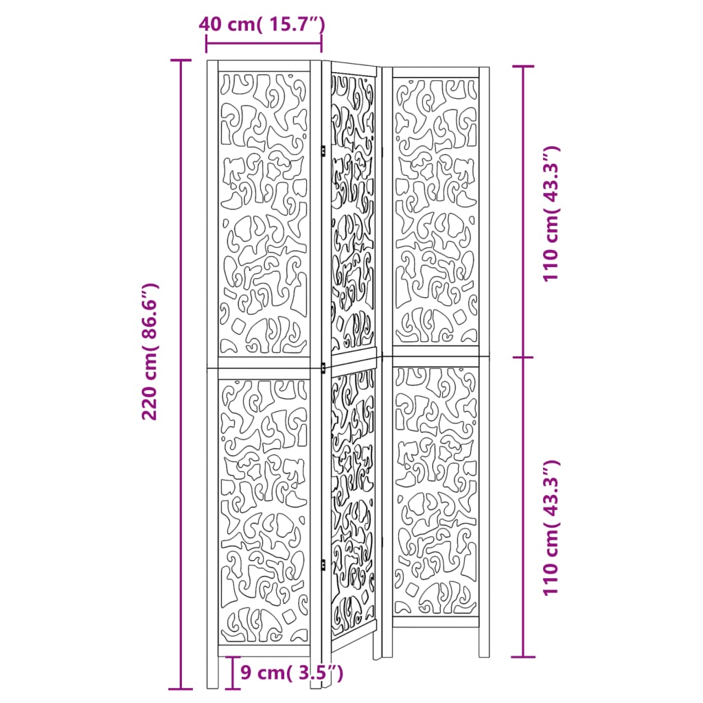 vidaXL Room Divider 3 Panels Black Solid Wood Paulownia