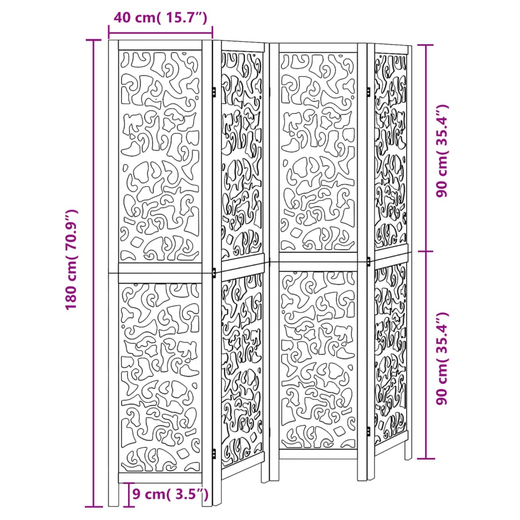 vidaXL Room Divider 4 Panels Black Solid Wood Paulownia