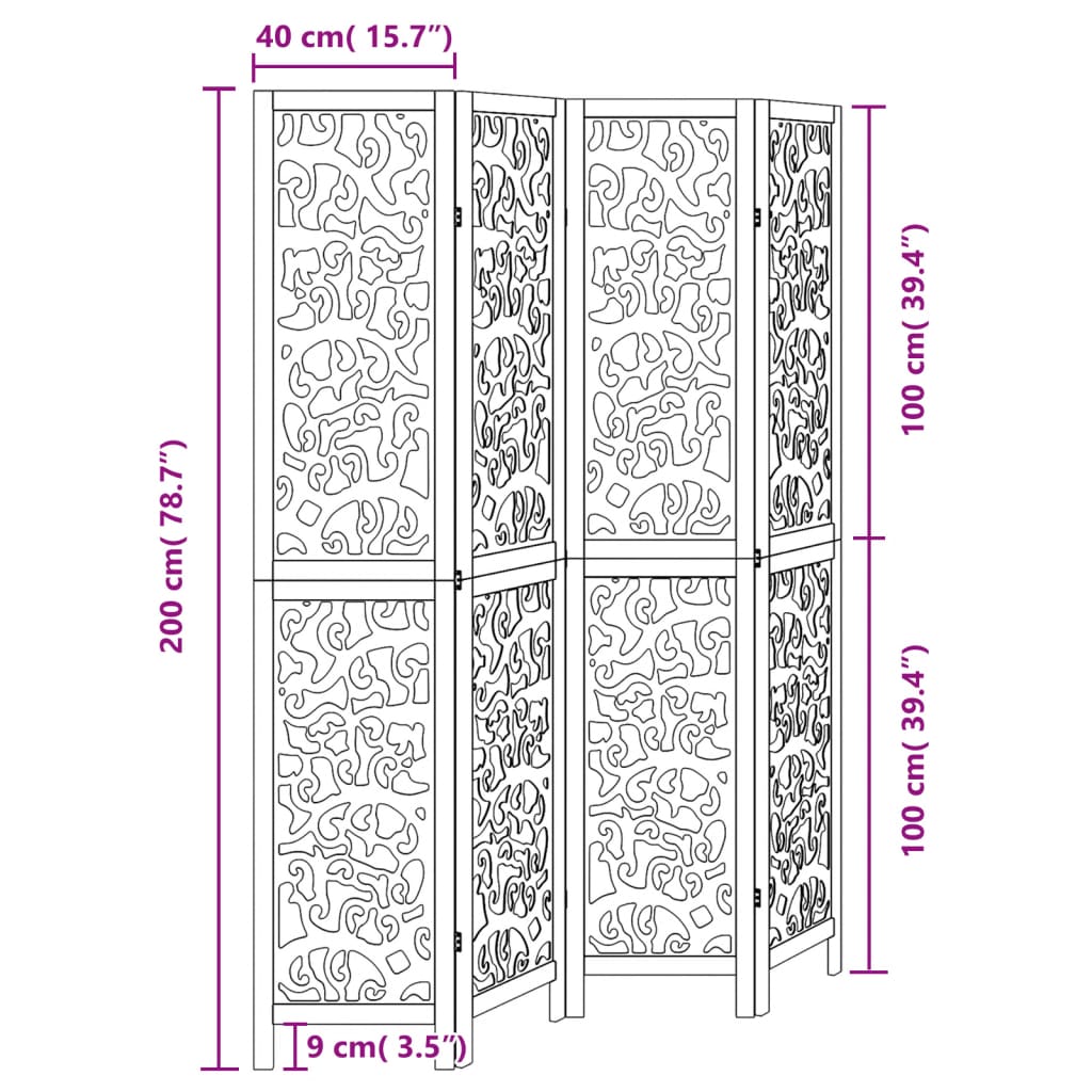 vidaXL Room Divider 4 Panels Black Solid Wood Paulownia