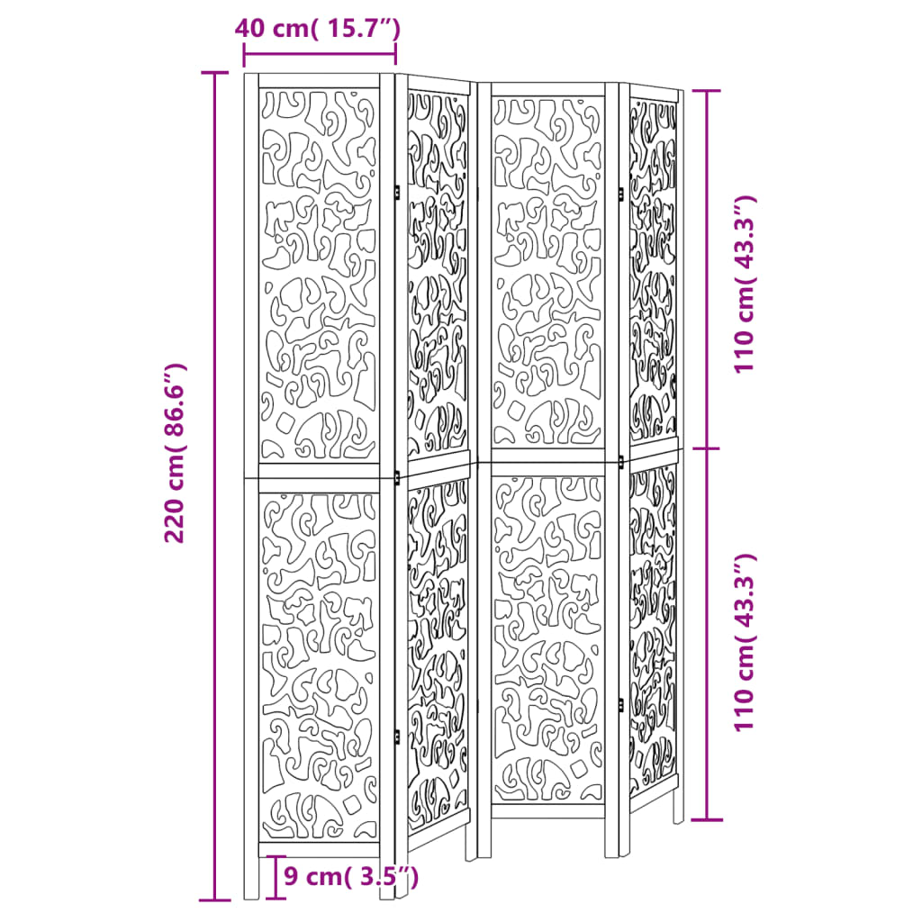 vidaXL Room Divider 4 Panels Black Solid Wood Paulownia