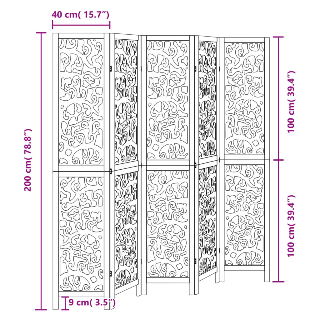 vidaXL Room Divider 5 Panels Black Solid Wood Paulownia