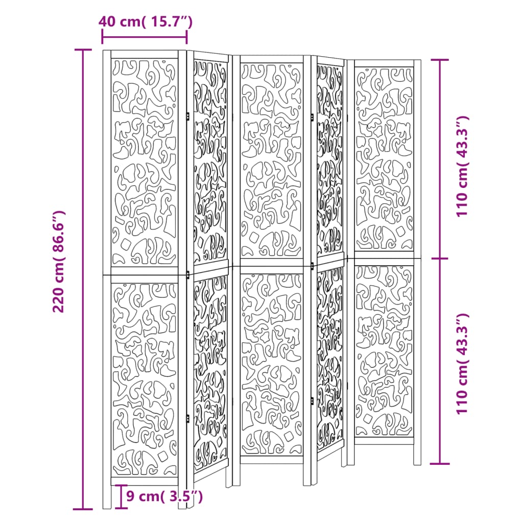 vidaXL Room Divider 5 Panels Black Solid Wood Paulownia