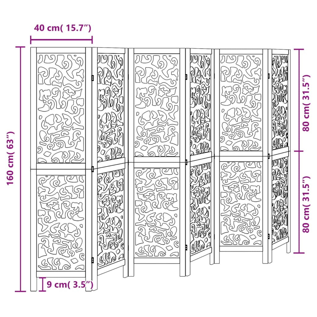 vidaXL Room Divider 6 Panels Black Solid Wood Paulownia