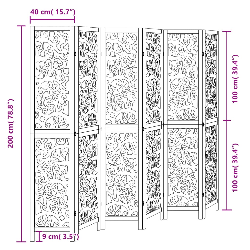 vidaXL Room Divider 6 Panels Black Solid Wood Paulownia