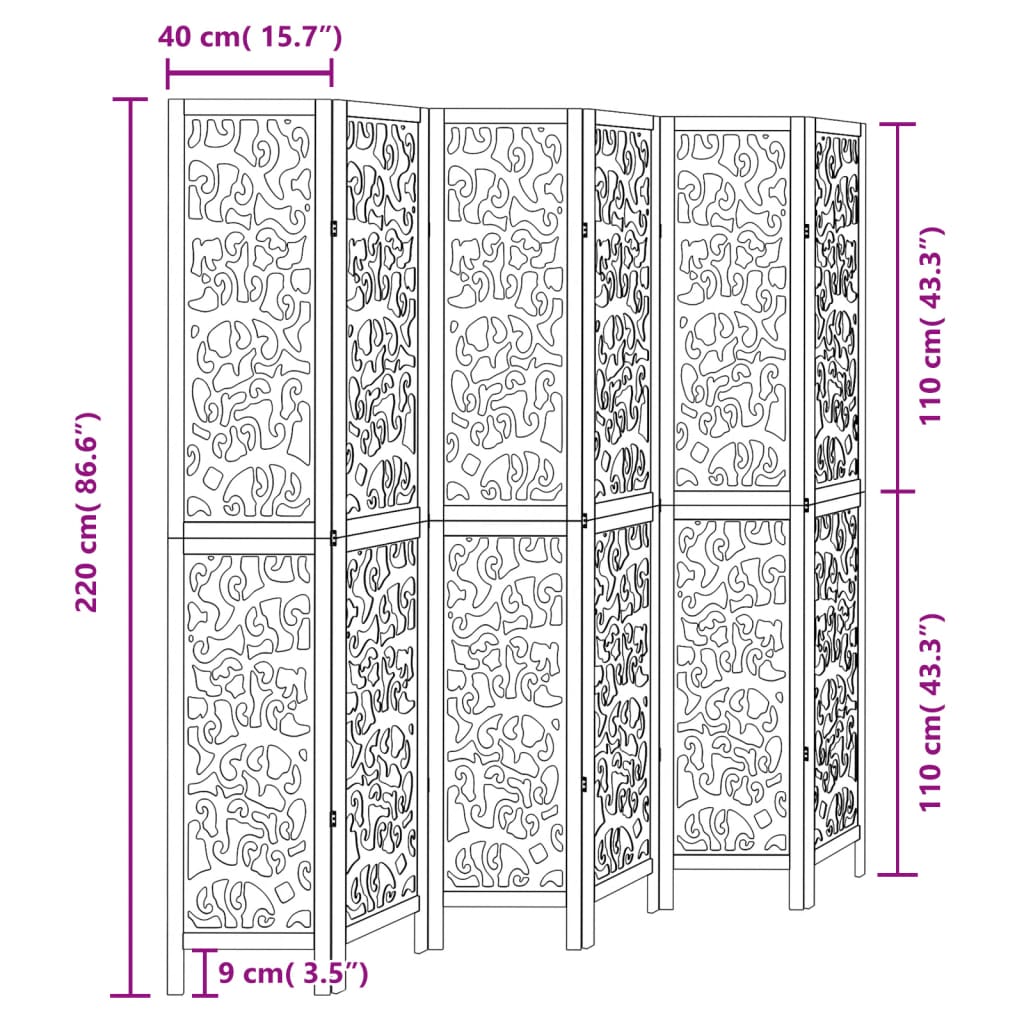 vidaXL Room Divider 6 Panels Black Solid Wood Paulownia