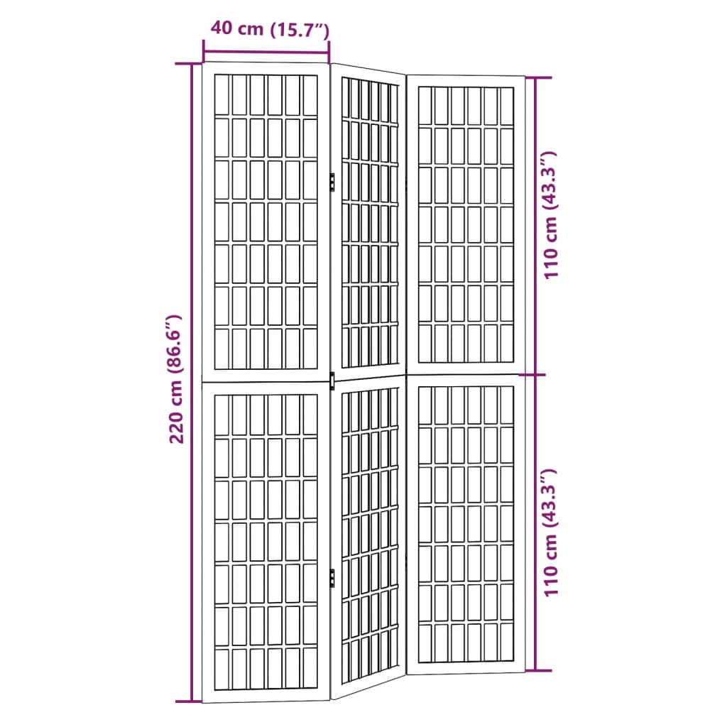 vidaXL Room Divider 3 Panels Black Solid Wood Paulownia