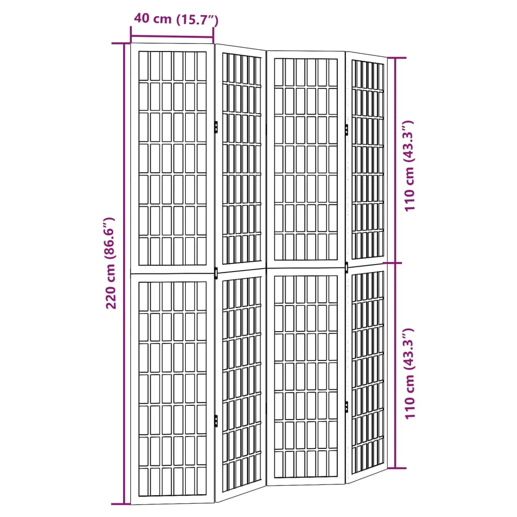 vidaXL Room Divider 4 Panels Black Solid Wood Paulownia