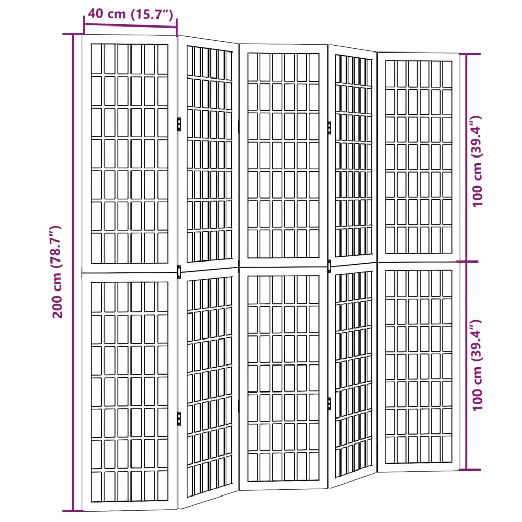 vidaXL Room Divider 5 Panels Black Solid Wood Paulownia