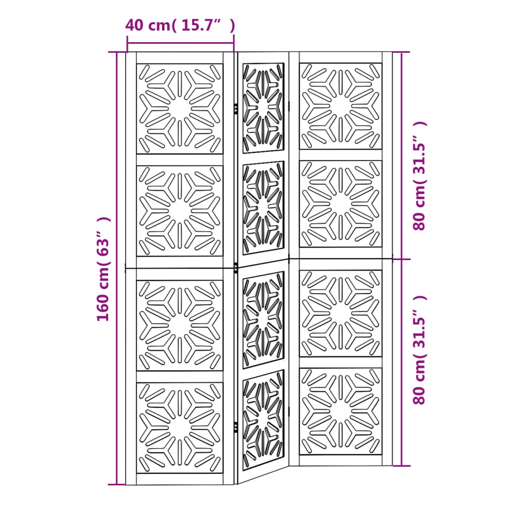 vidaXL Room Divider 3 Panels Brown and Black Solid Wood Paulownia
