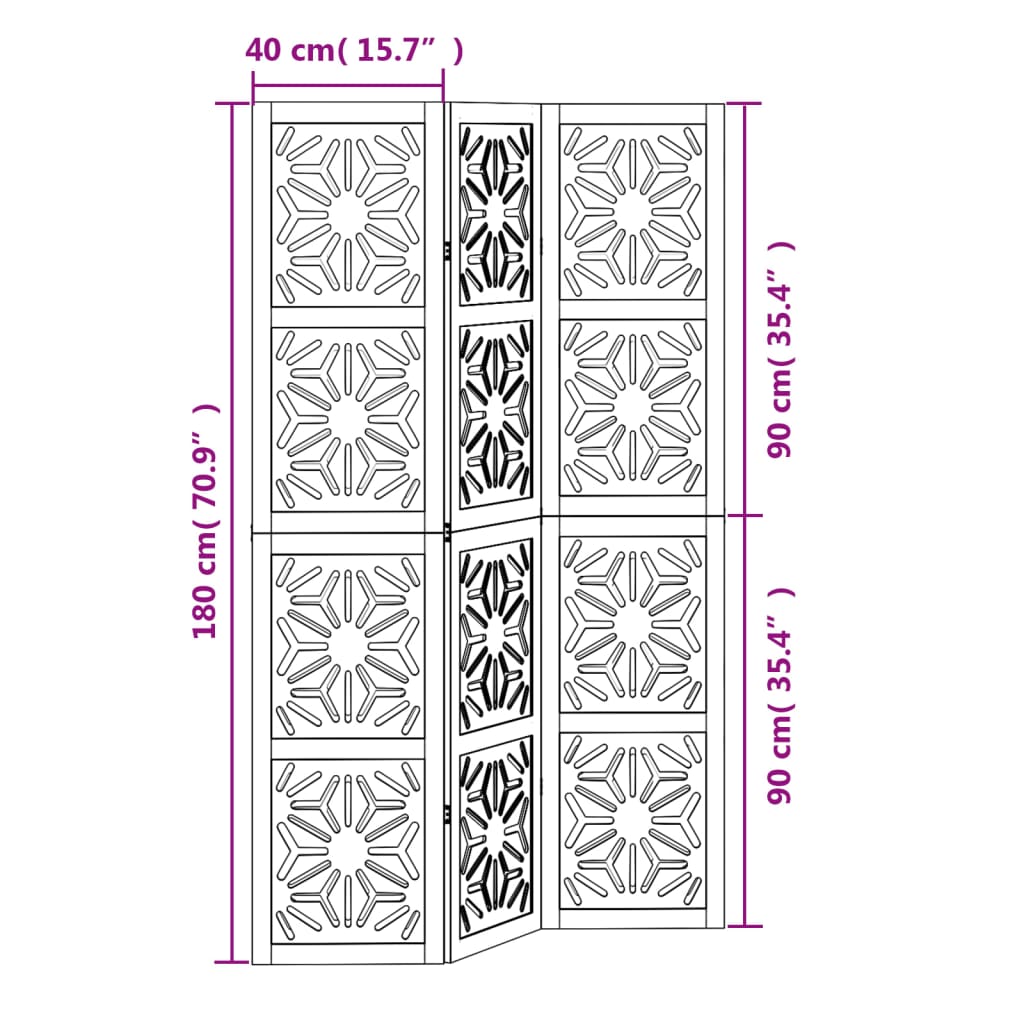 vidaXL Room Divider 3 Panels Brown and Black Solid Wood Paulownia