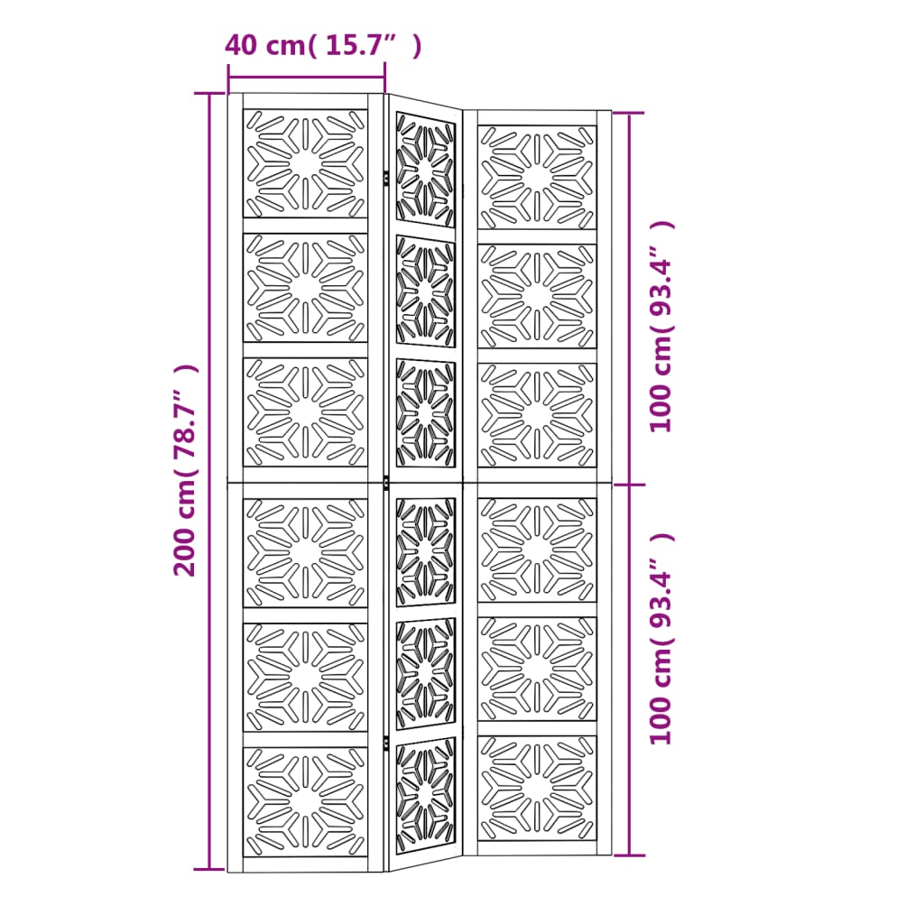 vidaXL Room Divider 3 Panels Brown and Black Solid Wood Paulownia