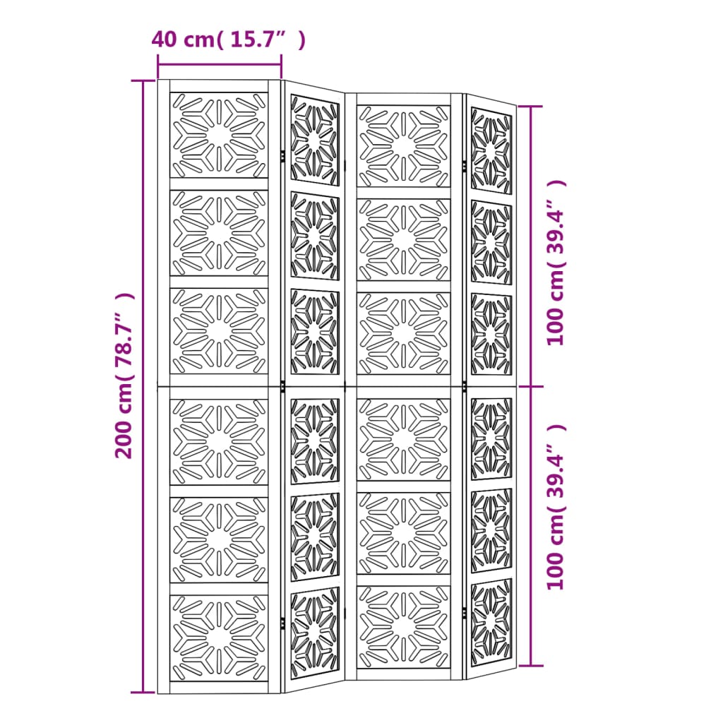 vidaXL Room Divider 4 Panels Brown and Black Solid Wood Paulownia