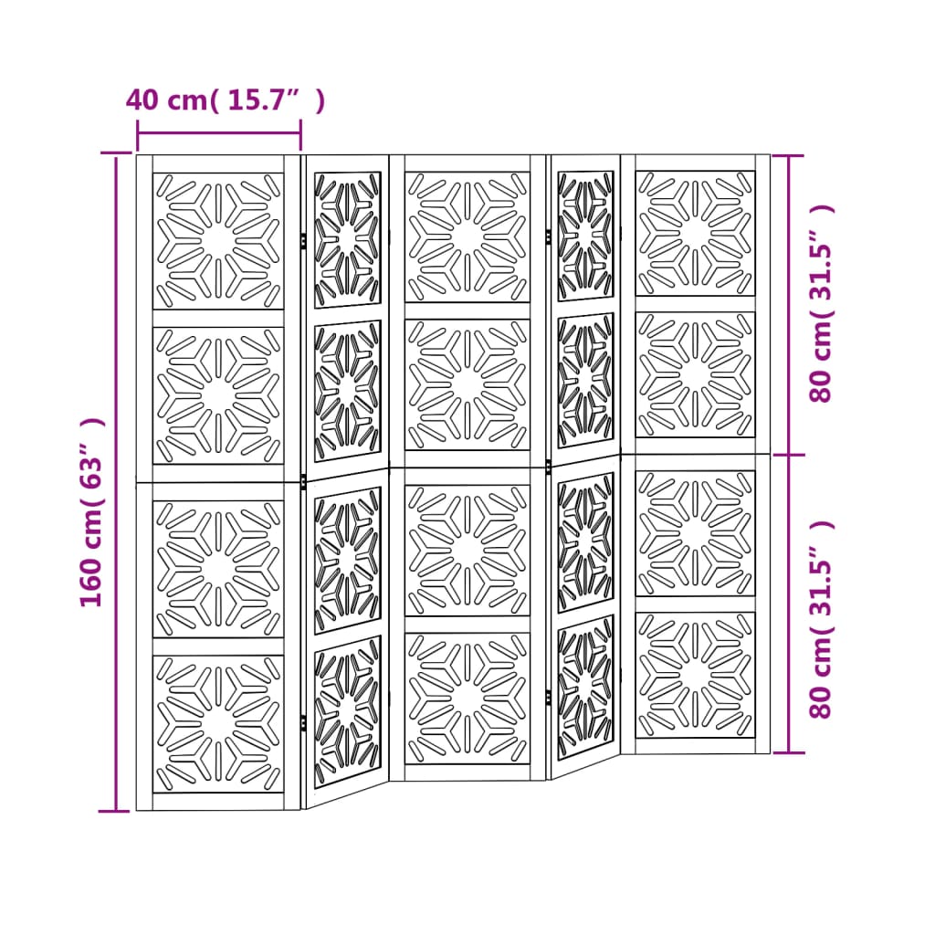 vidaXL Room Divider 5 Panels Brown and Black Solid Wood Paulownia