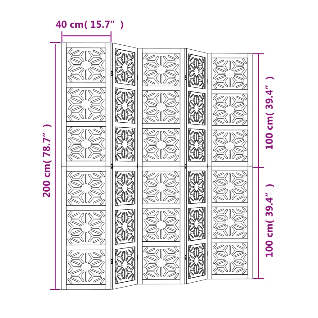vidaXL Room Divider 5 Panels Brown and Black Solid Wood Paulownia