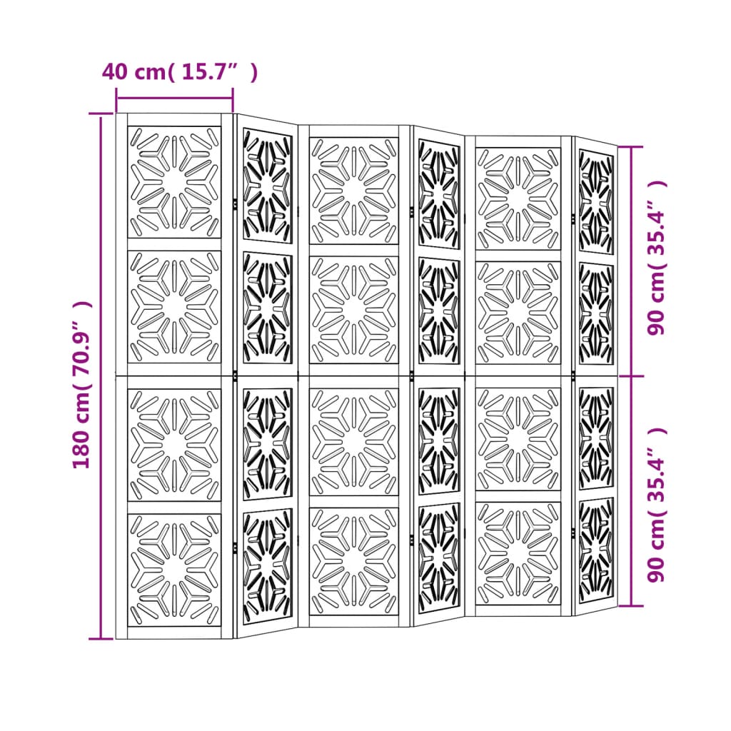 vidaXL Room Divider 6 Panels Brown and Black Solid Wood Paulownia
