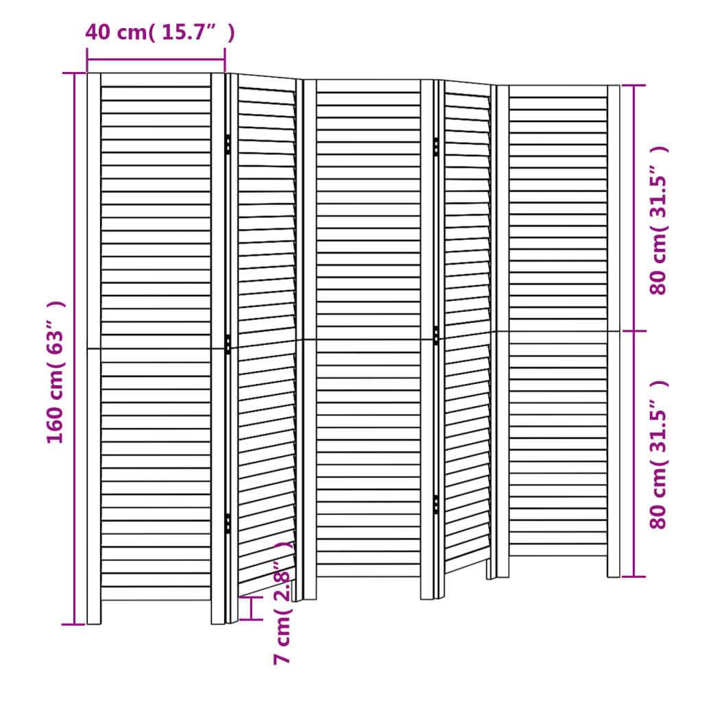 vidaXL Room Divider 5 Panels Black Solid Wood Paulownia