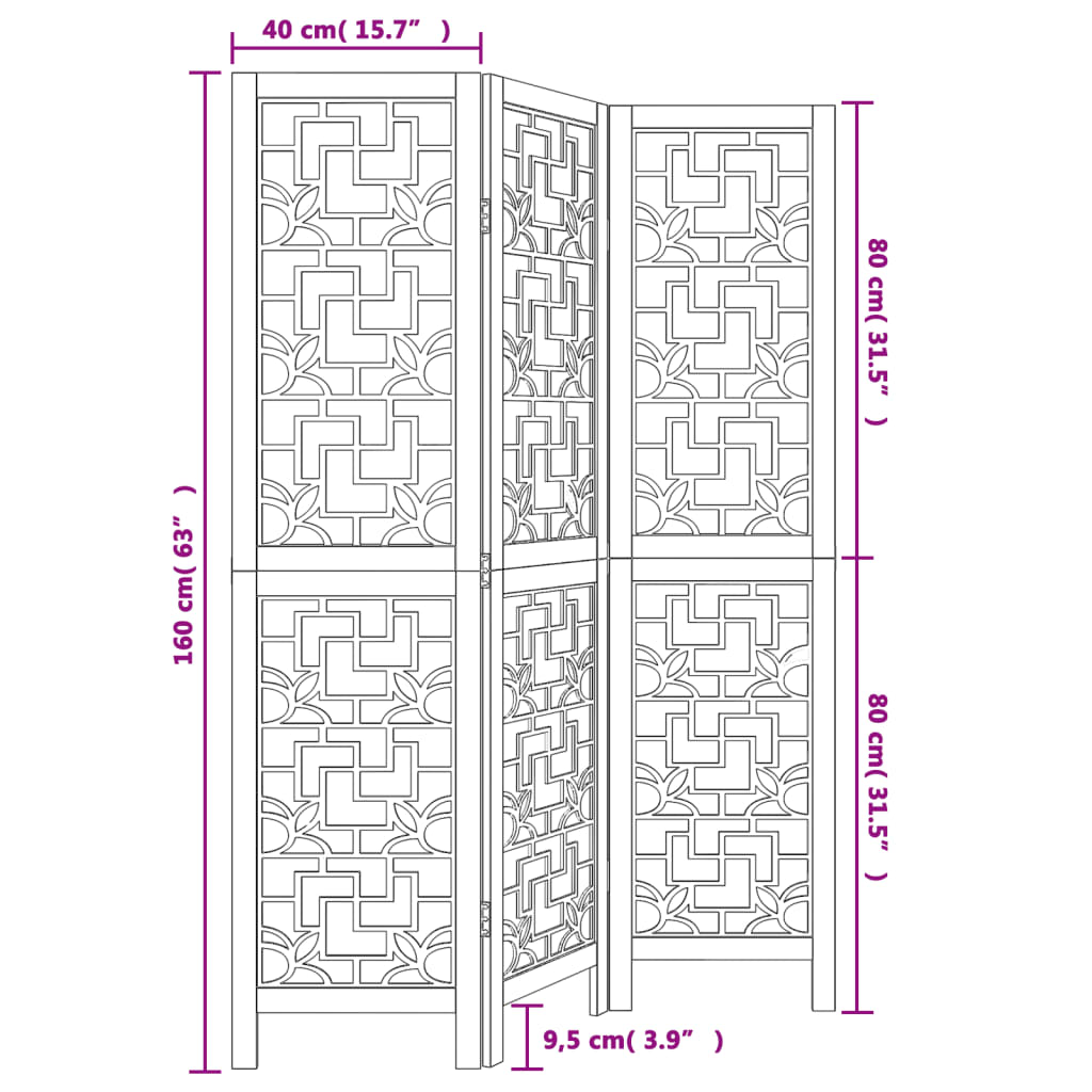 vidaXL Room Divider 3 Panels Brown Solid Wood Paulownia