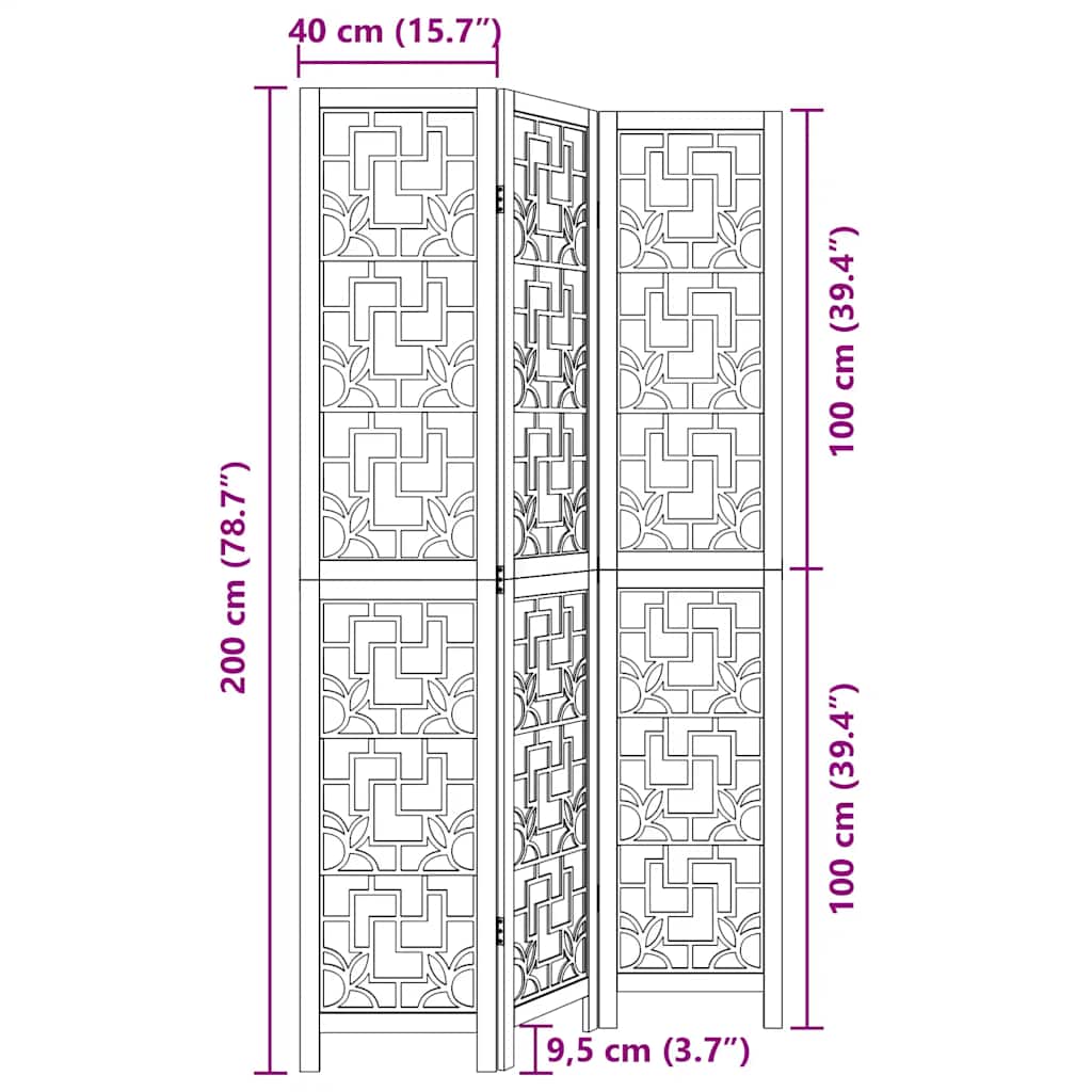 vidaXL Room Divider 3 Panels Brown Solid Wood Paulownia