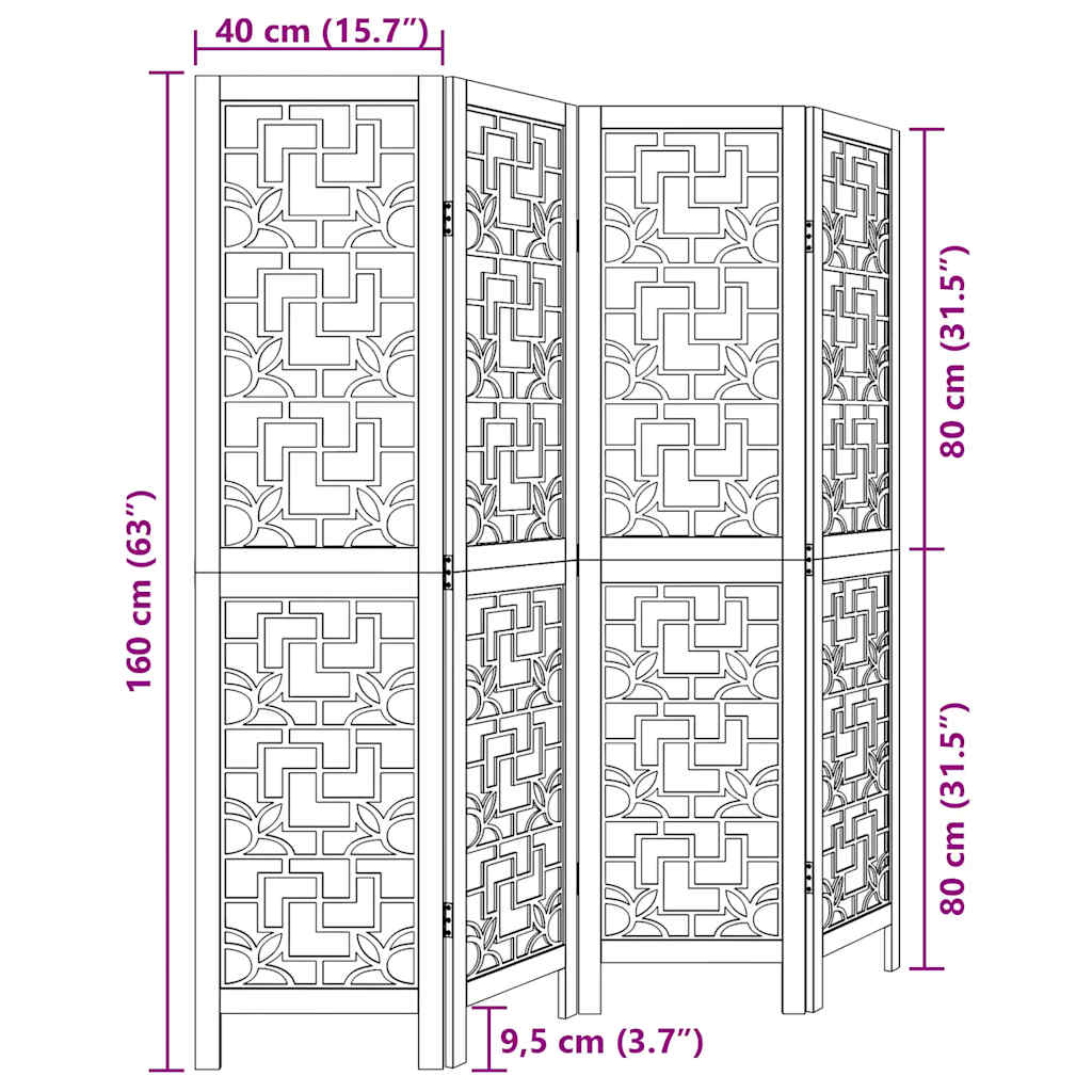 vidaXL Room Divider 4 Panels Brown Solid Wood Paulownia