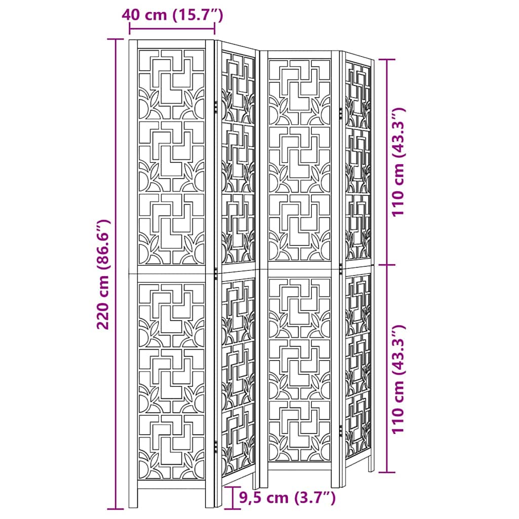 vidaXL Room Divider 4 Panels Brown Solid Wood Paulownia