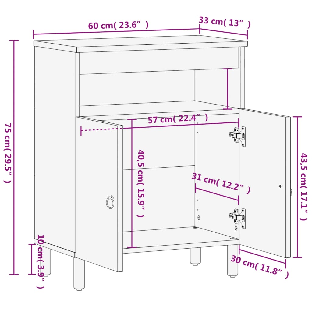vidaXL Side Cabinet 60x33x75 cm Solid Wood Mango