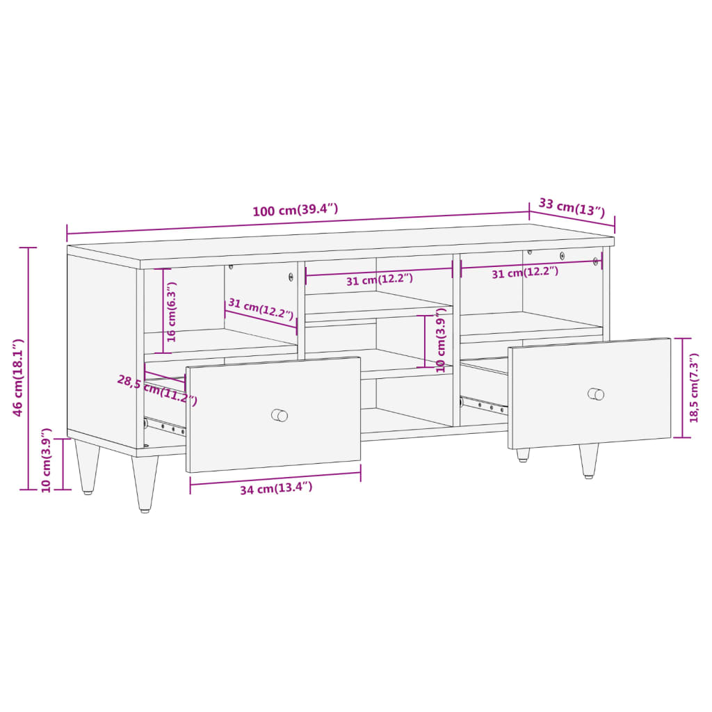 vidaXL TV Cabinet 100x33x46 cm Solid Wood Mango