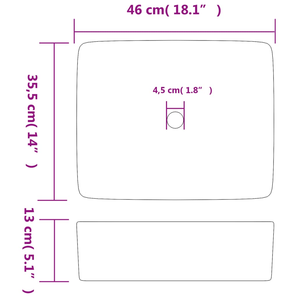 vidaXL Countertop Basin White Rectangular 46x35.5x13 cm Ceramic