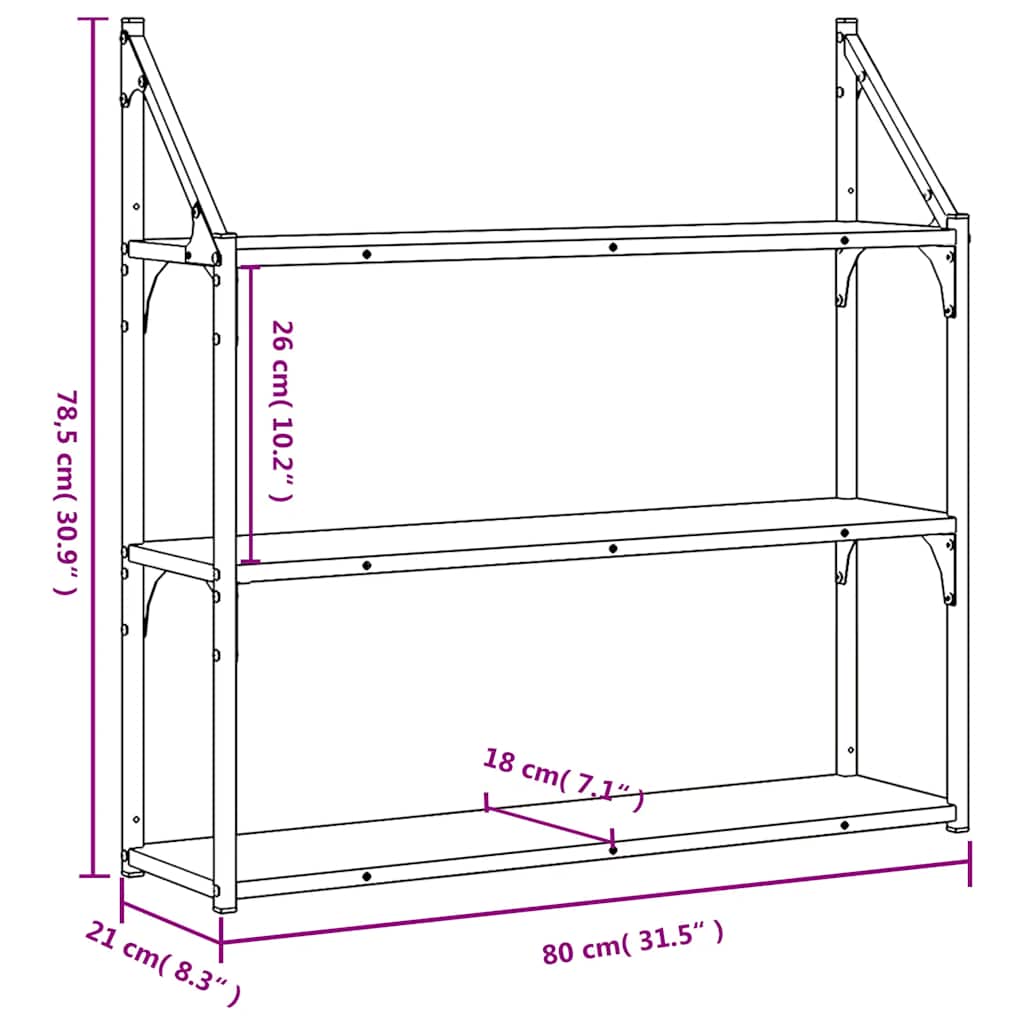 vidaXL 3-Tier Wall Shelf Smoked Oak 80x21x78,5 cm Engineered Wood