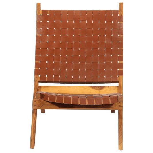 vidaXL Folding Chair Brown Real Leather