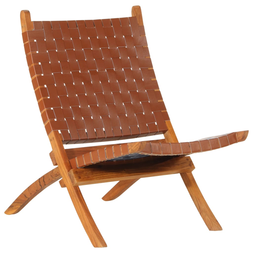 vidaXL Folding Chair Brown Real Leather