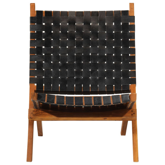 vidaXL Folding Chair Black Real Leather