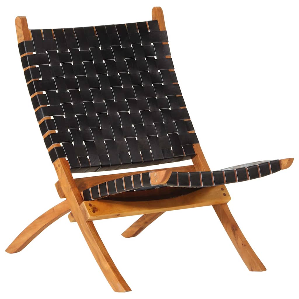 vidaXL Folding Chair Black Real Leather