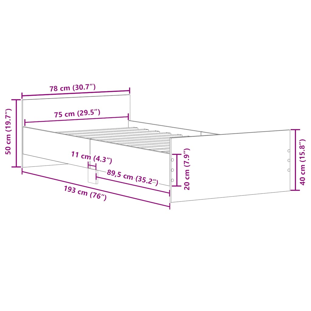 vidaXL Bed Frame without Mattress Concrete Grey 75x190 cm Small Single
