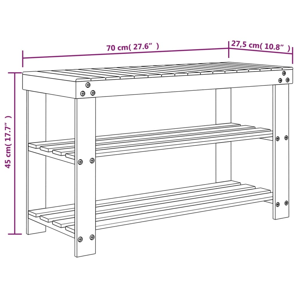 vidaXL Shoe Rack 3-Tier 70x27,5x45 cm Bamboo