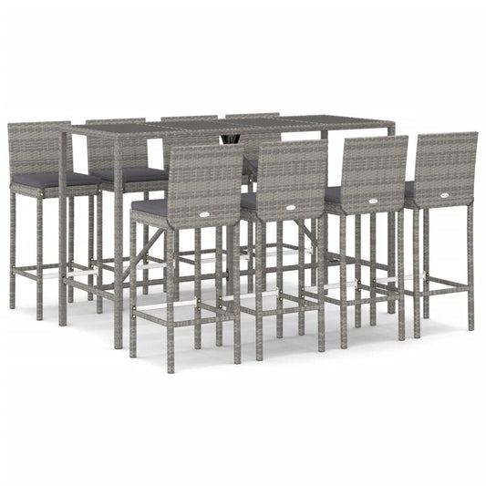 vidaXL 9 Piece Garden Bar Set with Cushions Grey Poly Rattan