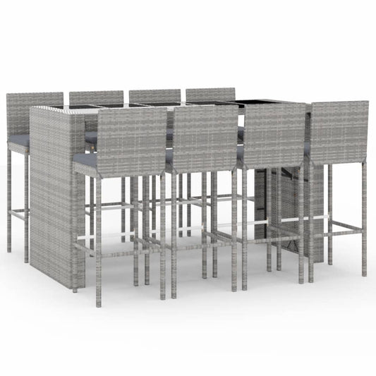 vidaXL 9 Piece Garden Bar Set with Cushions Grey Poly Rattan