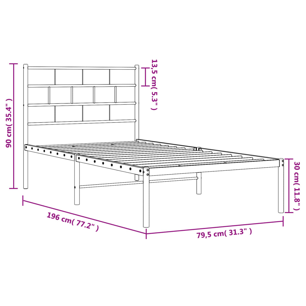 vidaXL Metal Bed Frame without Mattress with Headboard White 75x190cm