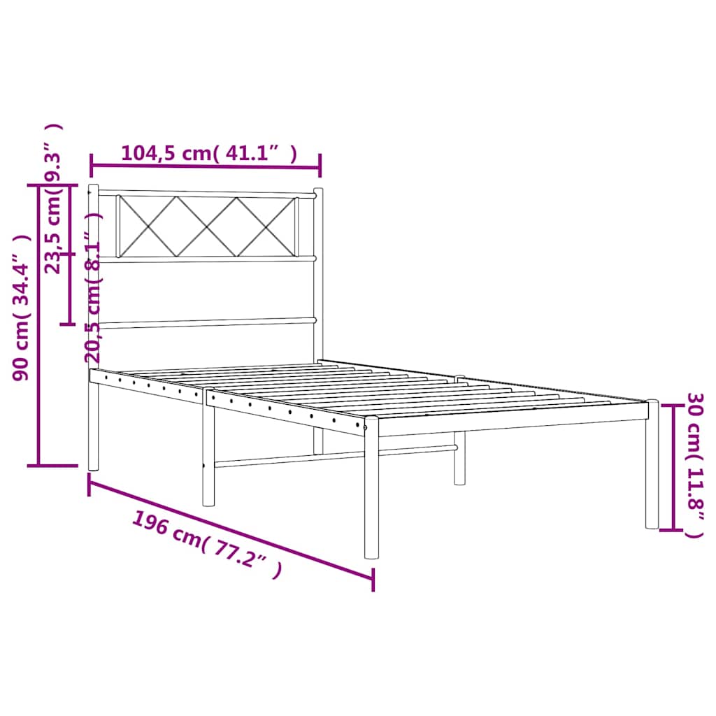 vidaXL Metal Bed Frame without Mattress with Headboard Black 100x190cm