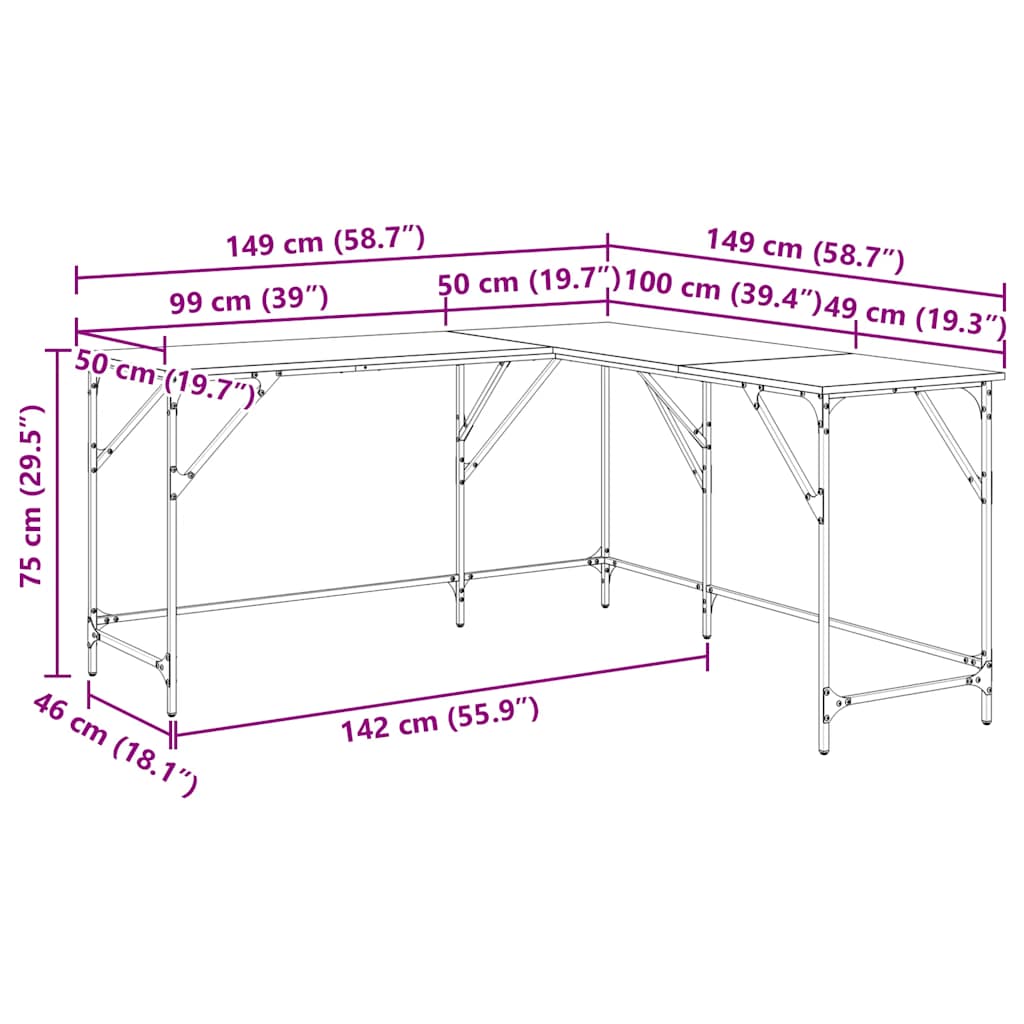 vidaXL Desk Grey Sonoma 149x149x75 cm Engineered Wood