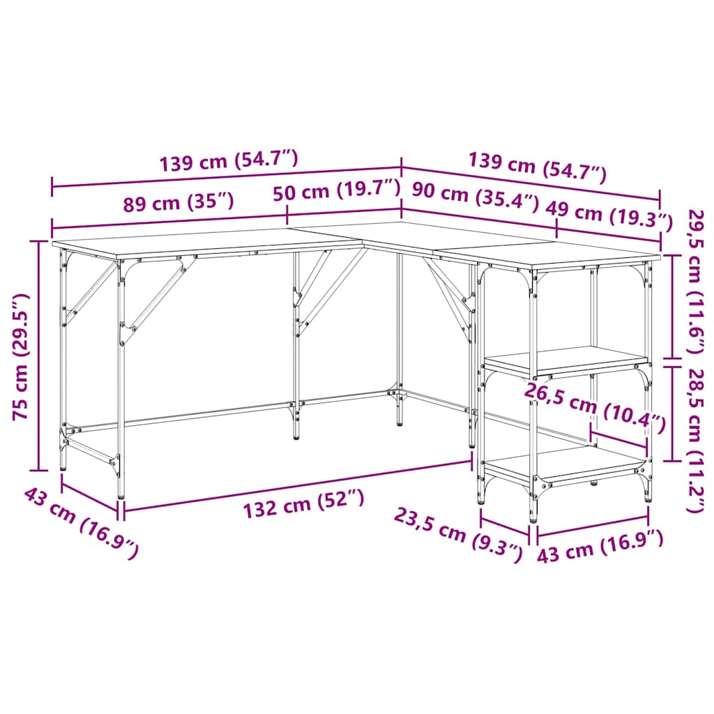vidaXL Desk Smoked Oak 139x139x75 cm Engineered Wood