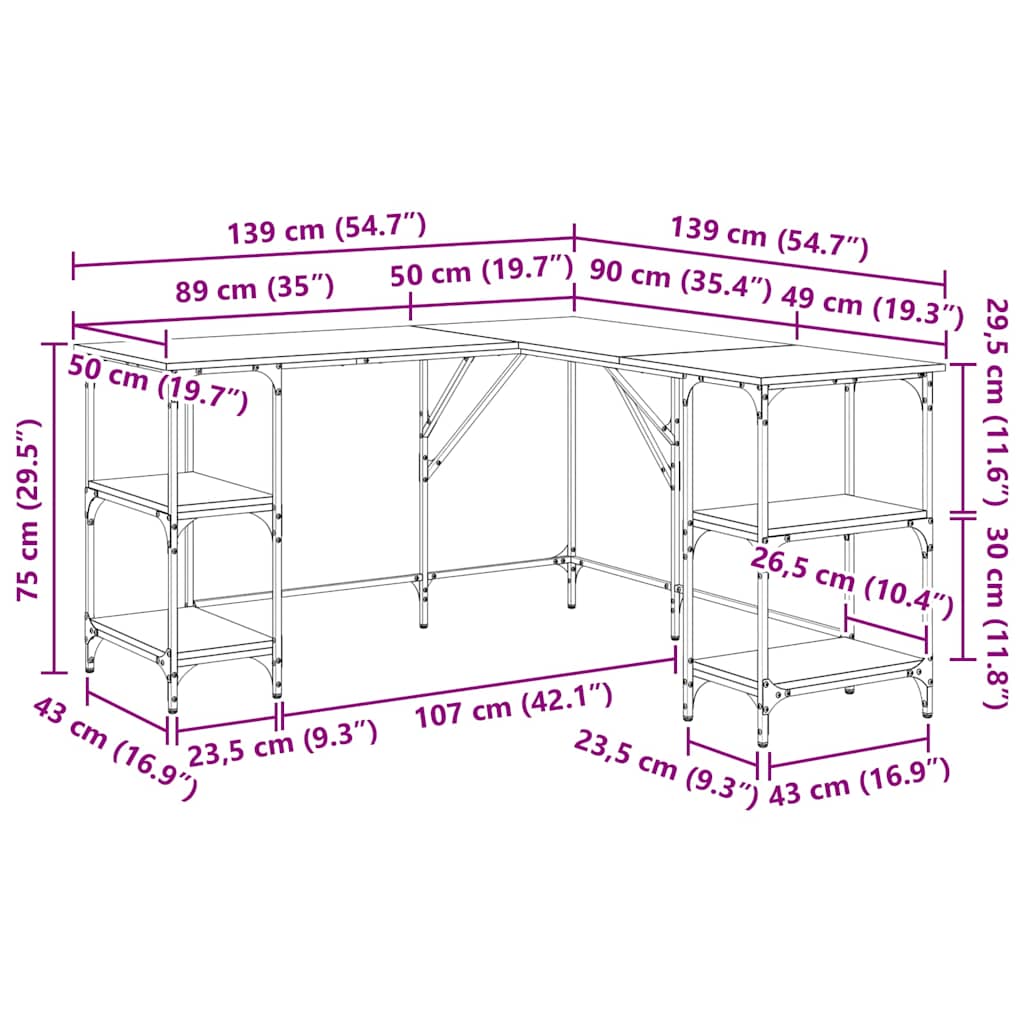 vidaXL Desk Grey Sonoma 139x139x75 cm Engineered Wood
